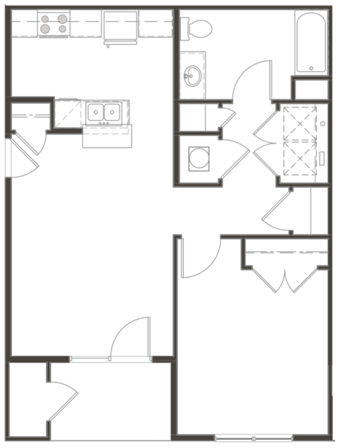 Floor plan for 1 bed, 1 bath, 782 sqft